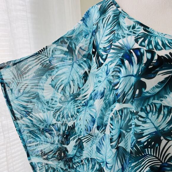 Gorgeous Blue Tropical Palm Frond Lightweight Flowy Boho Blouse - Plus 3X - Picture 3 of 7